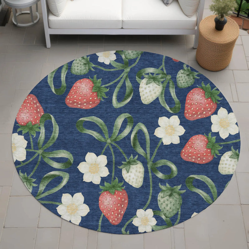 8' Navy Blue And Blue Round Floral Washable Indoor Outdoor Area Rug Homeroots Outdoor