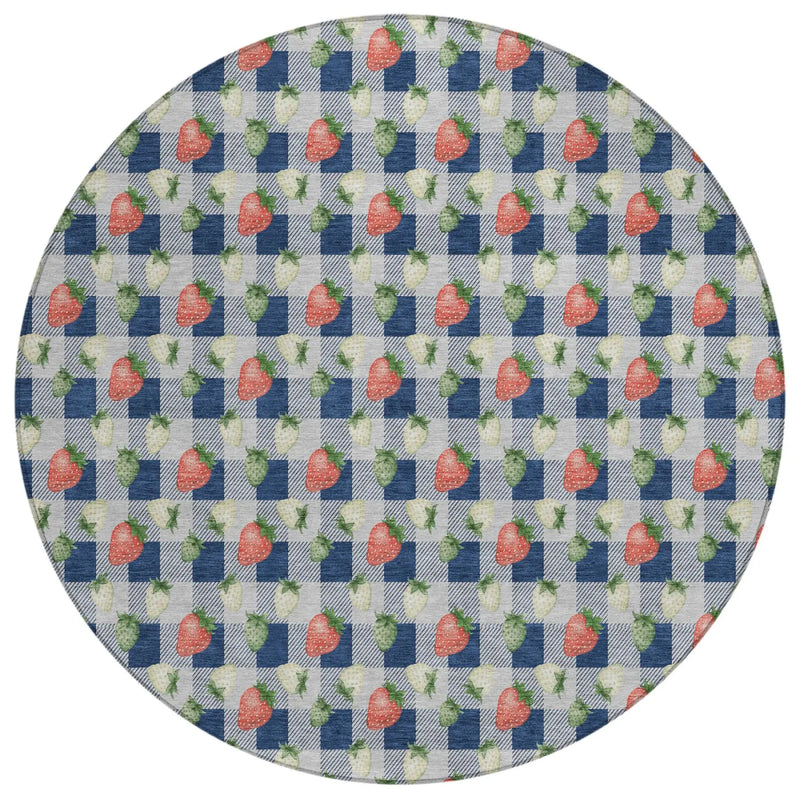 8' Navy Blue And Blue Round Floral Washable Indoor Outdoor Area Rug Homeroots Outdoor