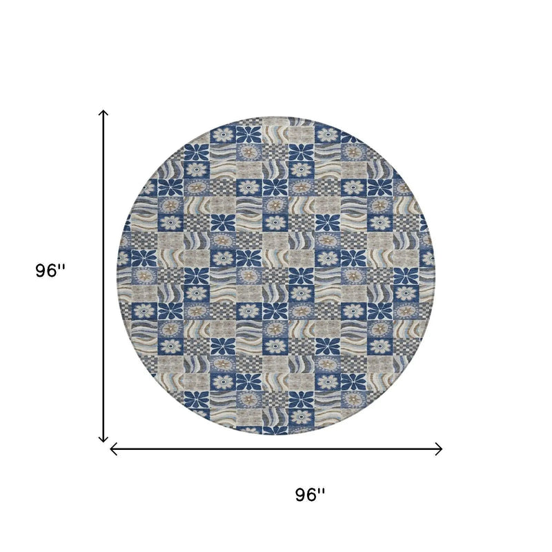 8' Navy Blue And Blue Round Floral Washable Indoor Outdoor Area Rug Homeroots Outdoor