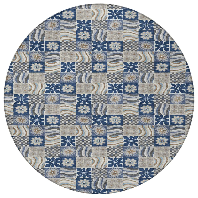 8' Navy Blue And Blue Round Floral Washable Indoor Outdoor Area Rug Homeroots Outdoor