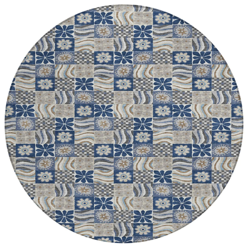 8' Navy Blue And Blue Round Floral Washable Indoor Outdoor Area Rug Homeroots Outdoor
