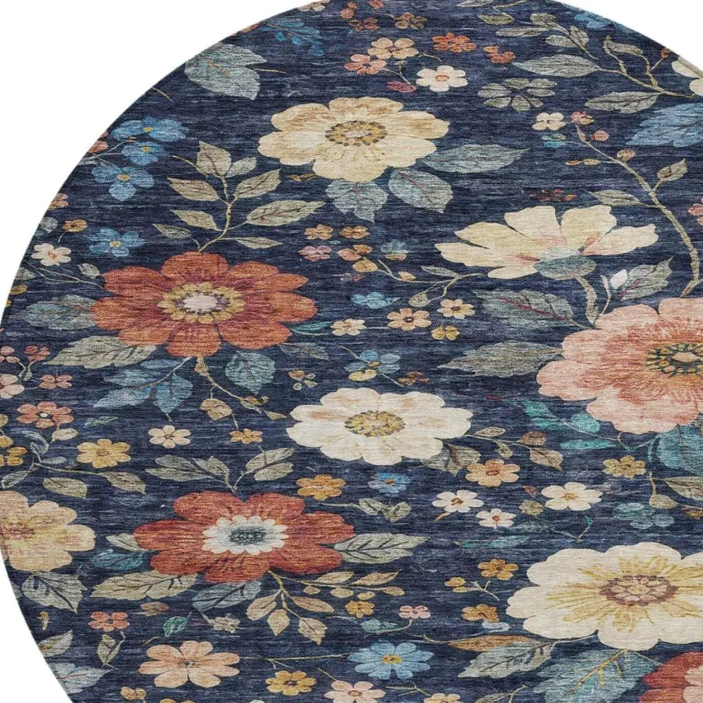 8' Navy Blue And Blue Round Floral Washable Indoor Outdoor Area Rug Homeroots Outdoor