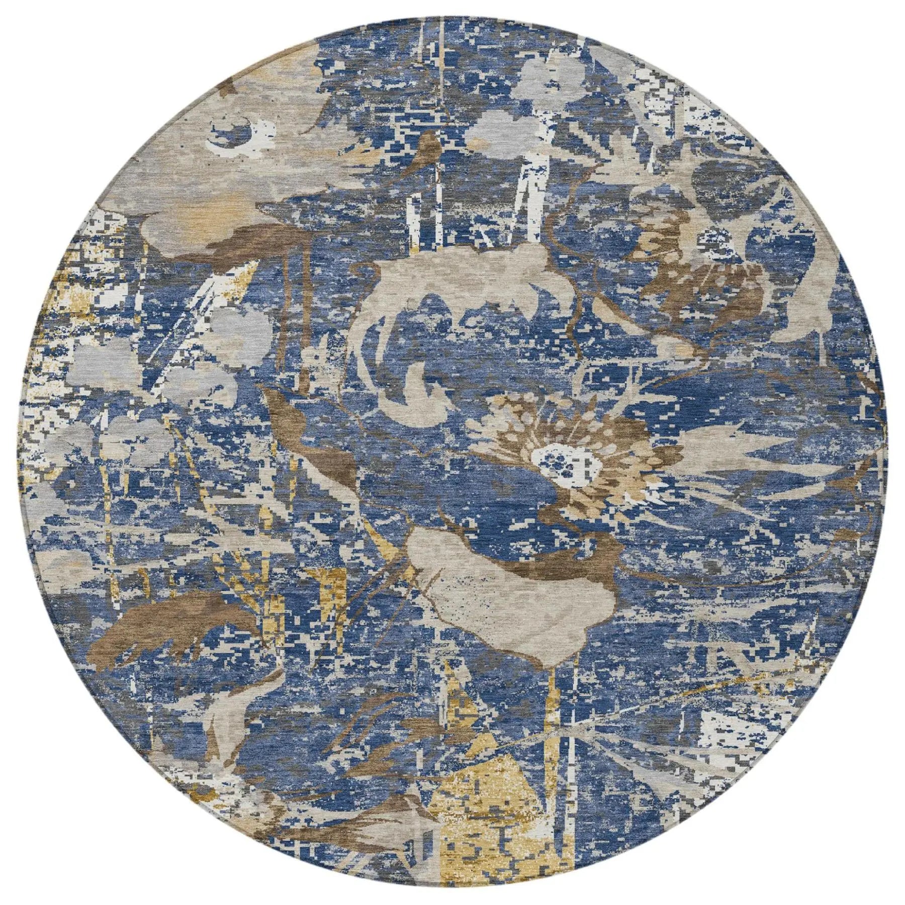 8' Navy Blue And Blue Round Floral Washable Indoor Outdoor Area Rug Homeroots Outdoor
