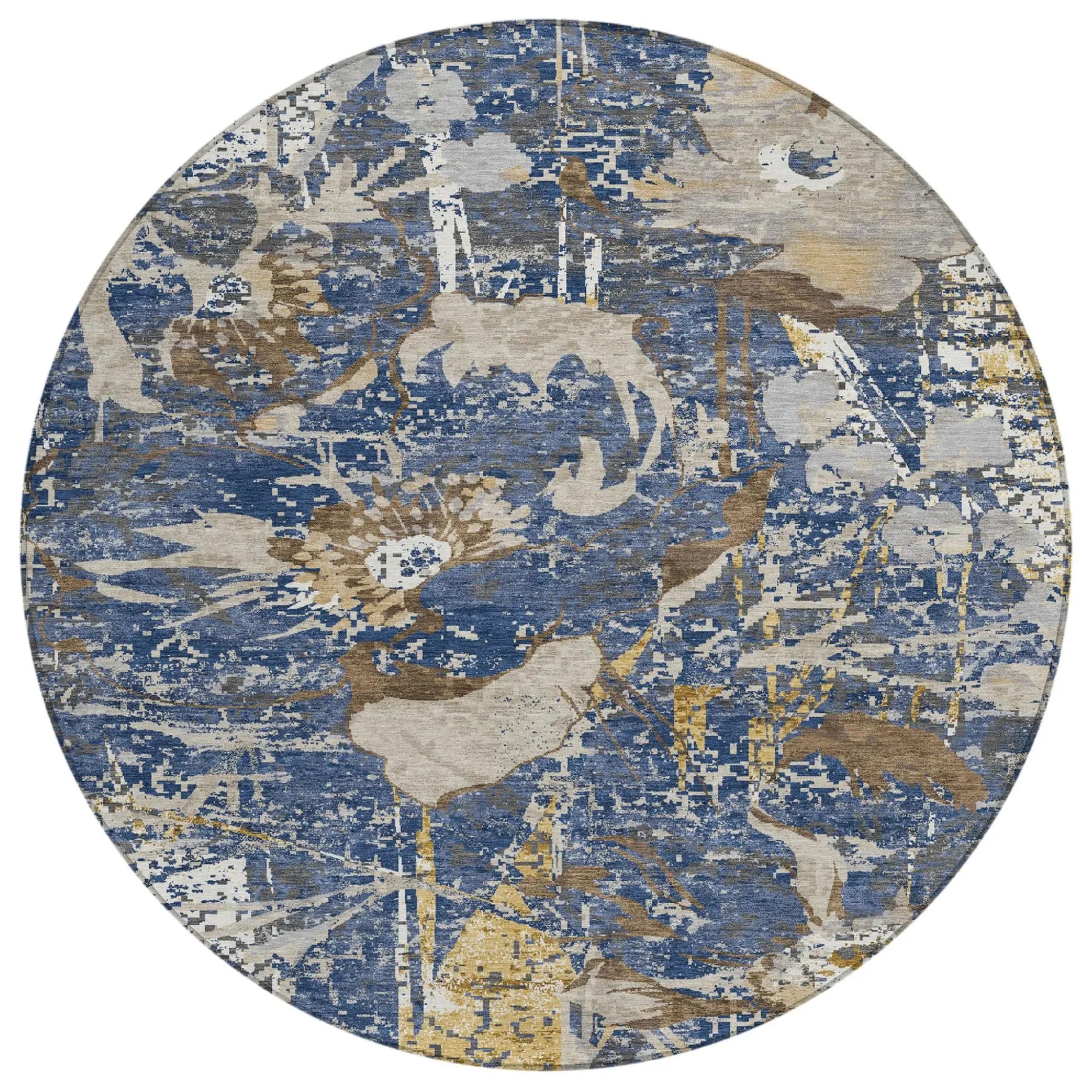 8' Navy Blue And Blue Round Floral Washable Indoor Outdoor Area Rug Homeroots Outdoor