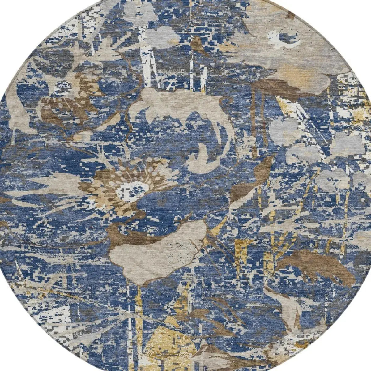 8' Navy Blue And Blue Round Floral Washable Indoor Outdoor Area Rug Homeroots Outdoor
