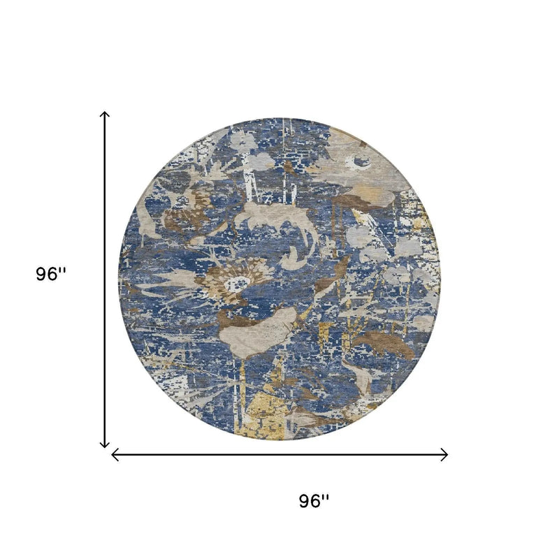 8' Navy Blue And Blue Round Floral Washable Indoor Outdoor Area Rug Homeroots Outdoor