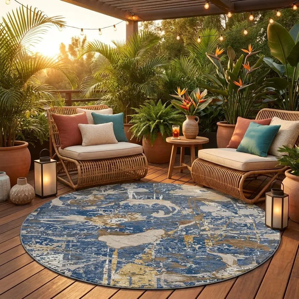 8' Navy Blue And Blue Round Floral Washable Indoor Outdoor Area Rug Homeroots Outdoor