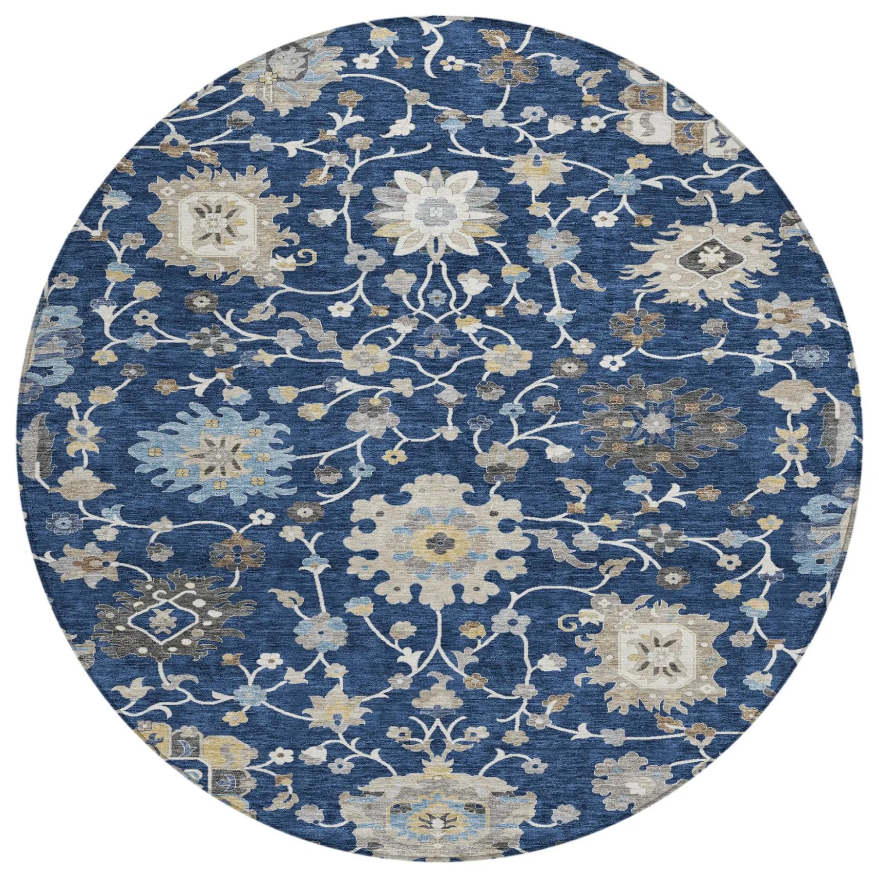 8' Navy Blue And Blue Round Floral Washable Indoor Outdoor Area Rug Homeroots Outdoor