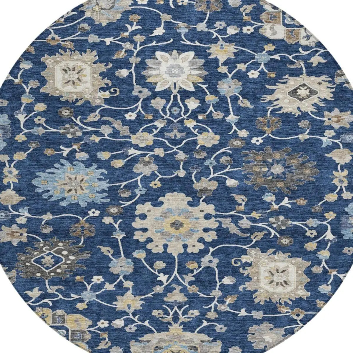 8' Navy Blue And Blue Round Floral Washable Indoor Outdoor Area Rug Homeroots Outdoor