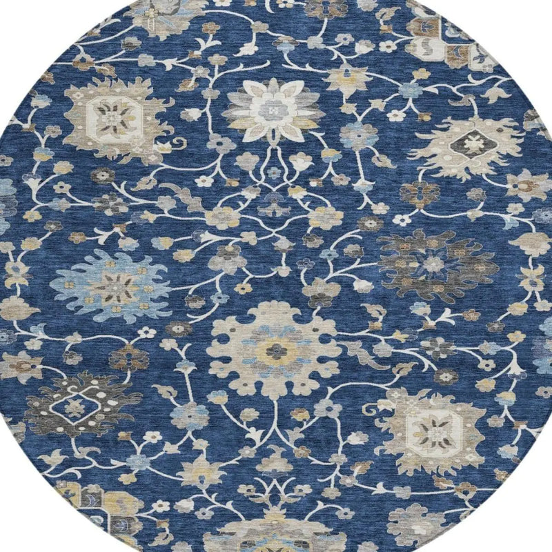8' Navy Blue And Blue Round Floral Washable Indoor Outdoor Area Rug Homeroots Outdoor