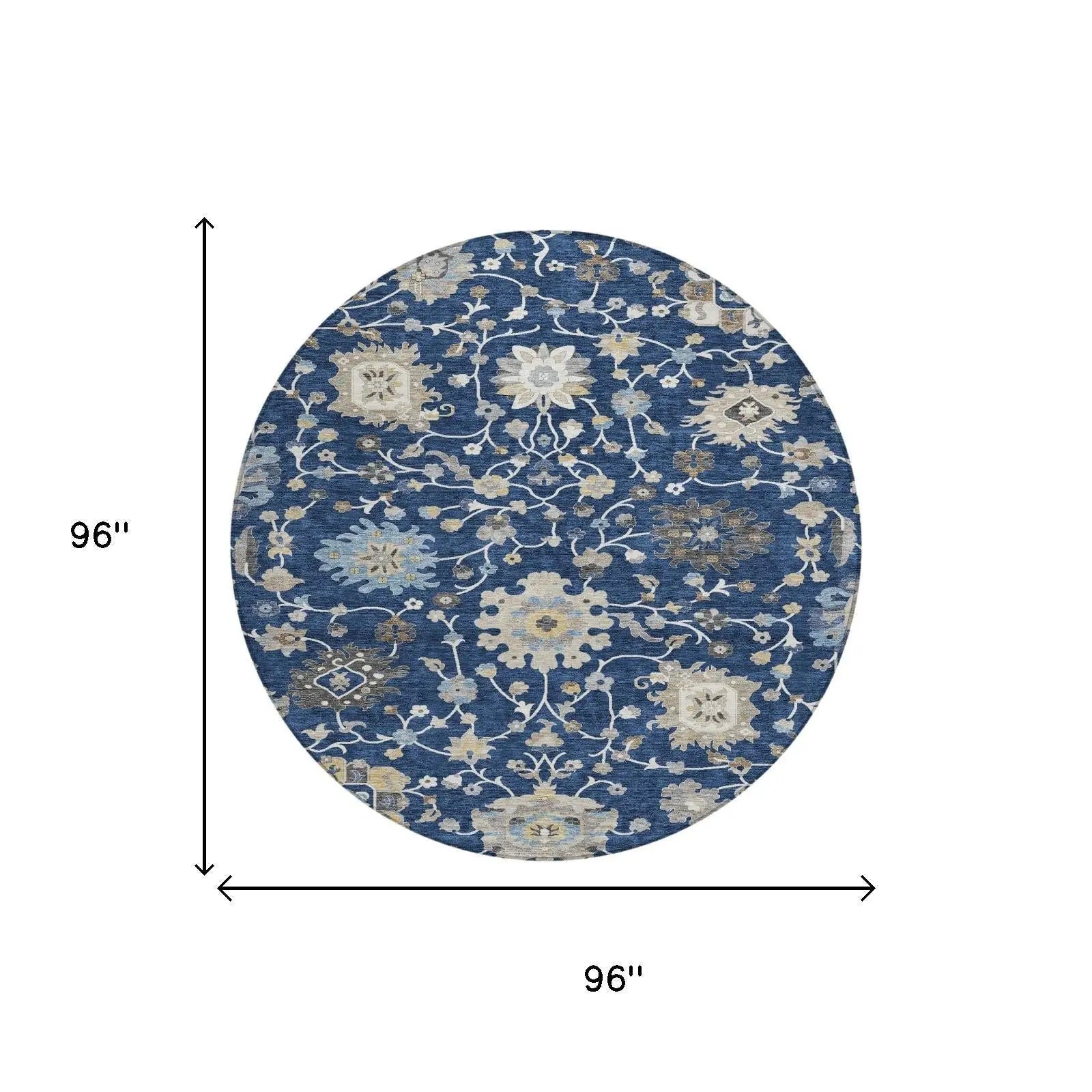 8' Navy Blue And Blue Round Floral Washable Indoor Outdoor Area Rug Homeroots Outdoor