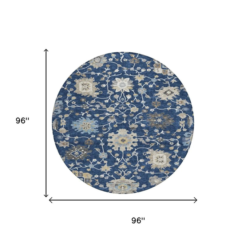 8' Navy Blue And Blue Round Floral Washable Indoor Outdoor Area Rug Homeroots Outdoor