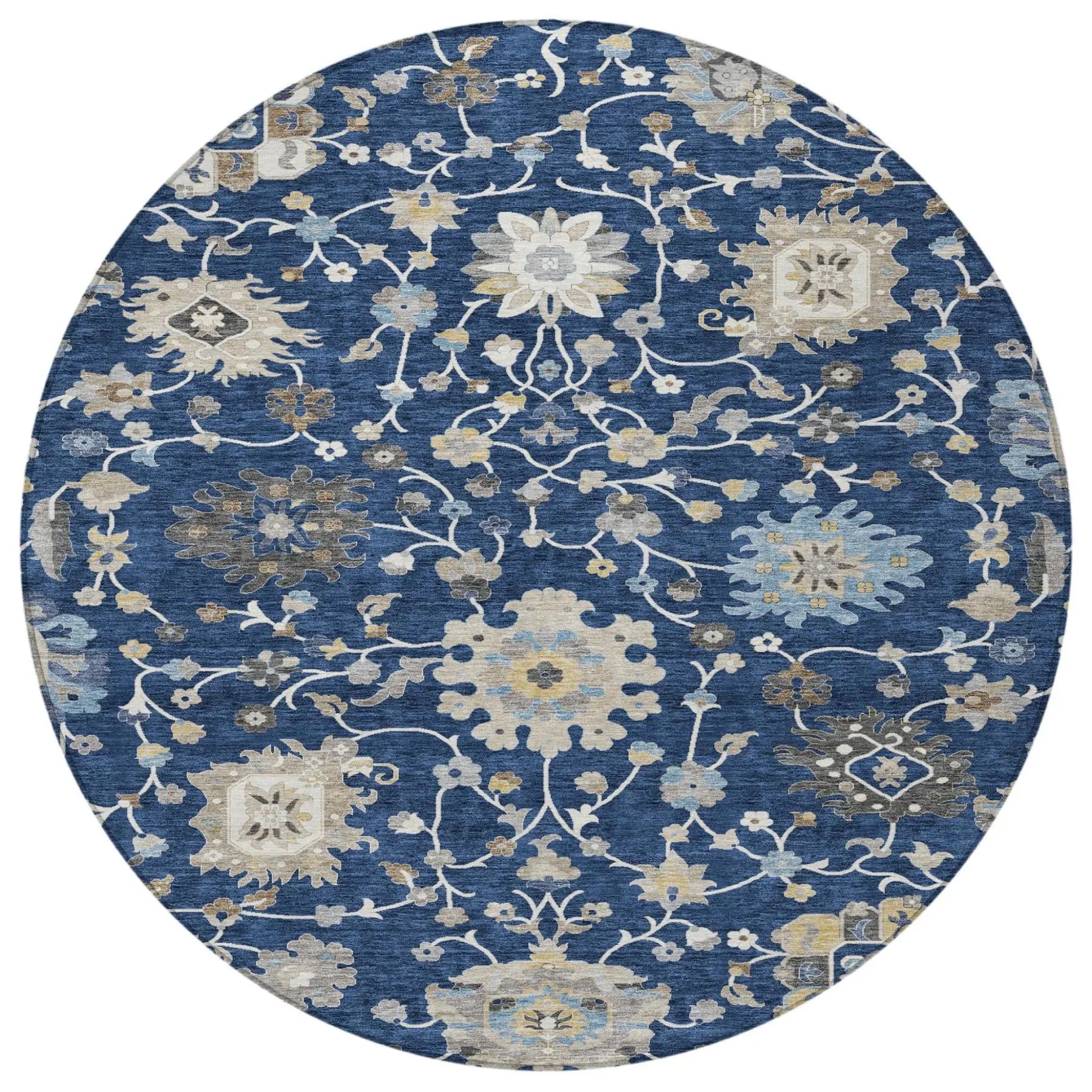 8' Navy Blue And Blue Round Floral Washable Indoor Outdoor Area Rug Homeroots Outdoor