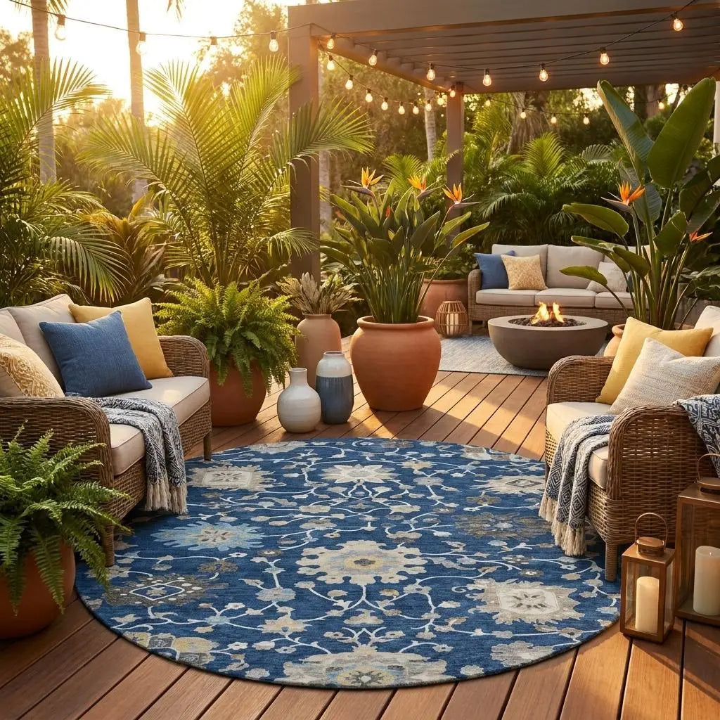 8' Navy Blue And Blue Round Floral Washable Indoor Outdoor Area Rug Homeroots Outdoor