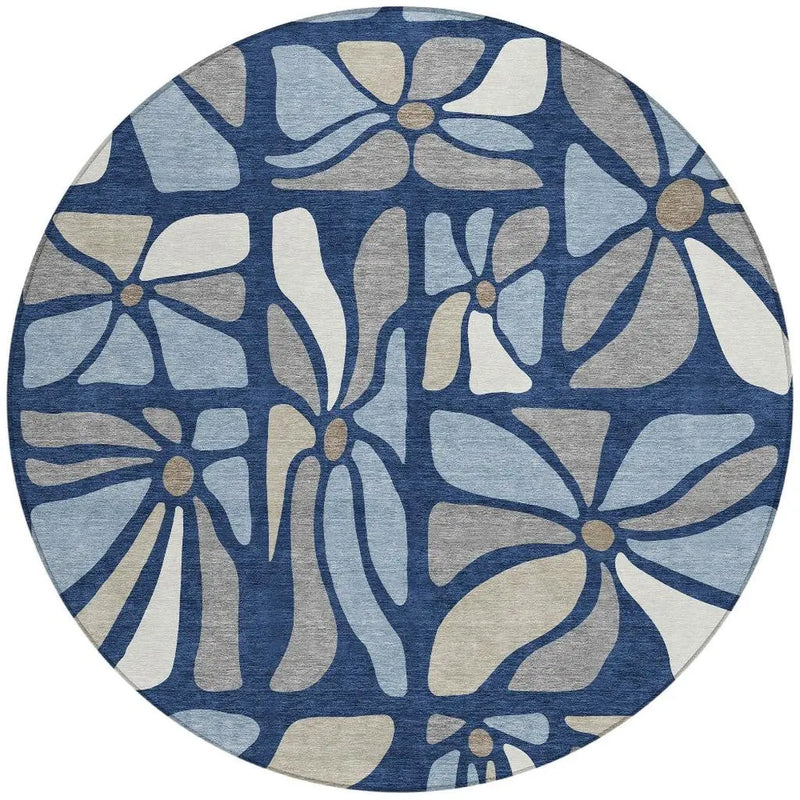 8' Navy Blue And Blue Round Floral Washable Indoor Outdoor Area Rug Homeroots Outdoor
