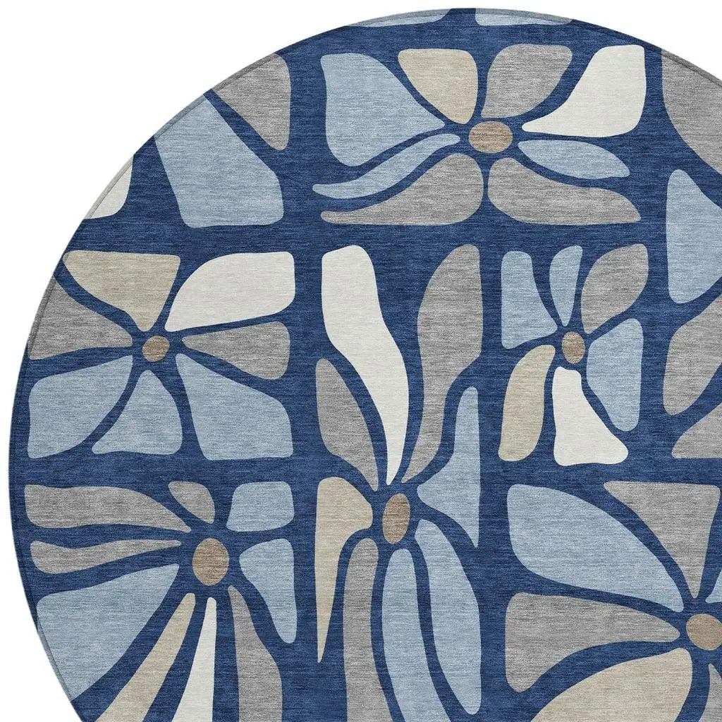 8' Navy Blue And Blue Round Floral Washable Indoor Outdoor Area Rug Homeroots Outdoor
