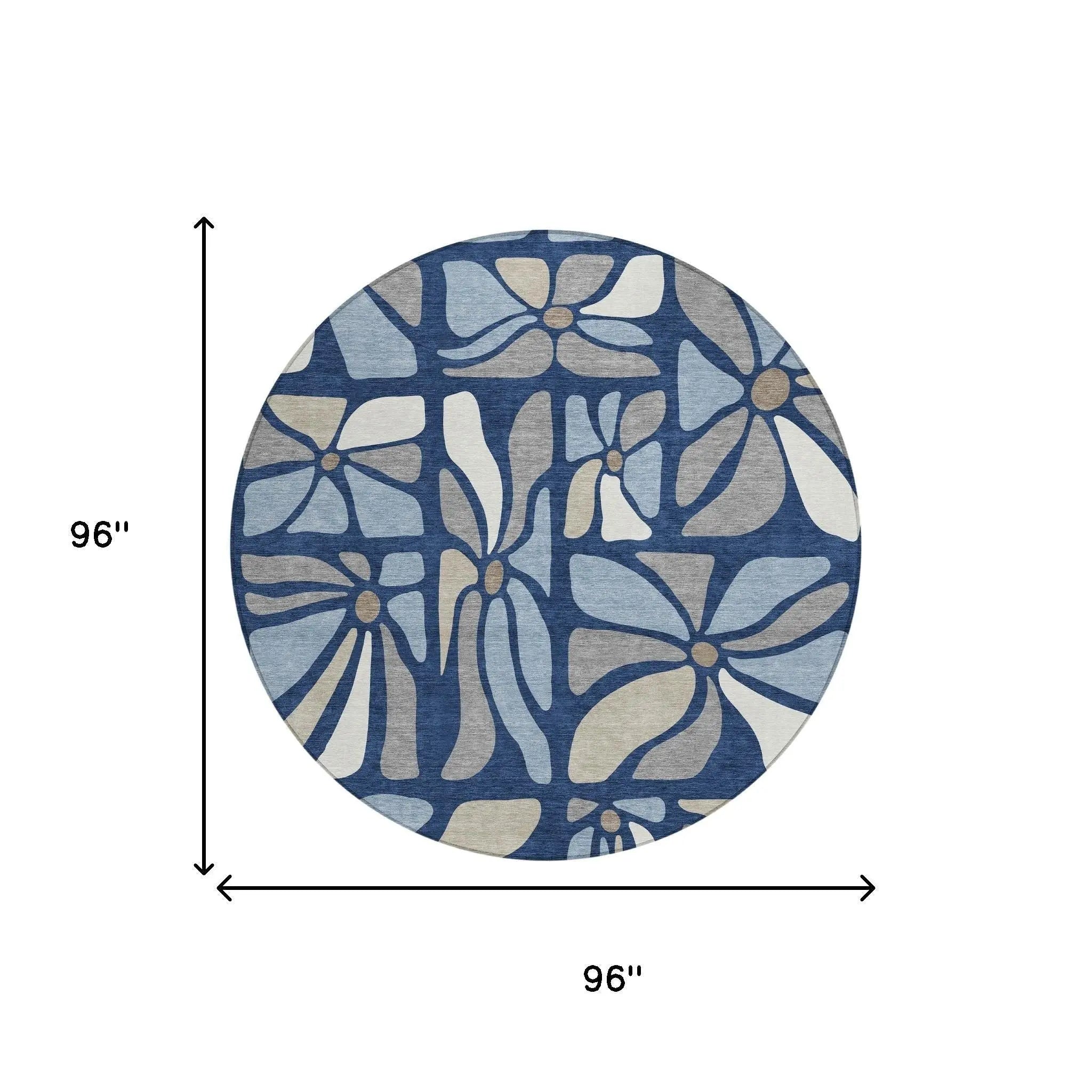 8' Navy Blue And Blue Round Floral Washable Indoor Outdoor Area Rug Homeroots Outdoor