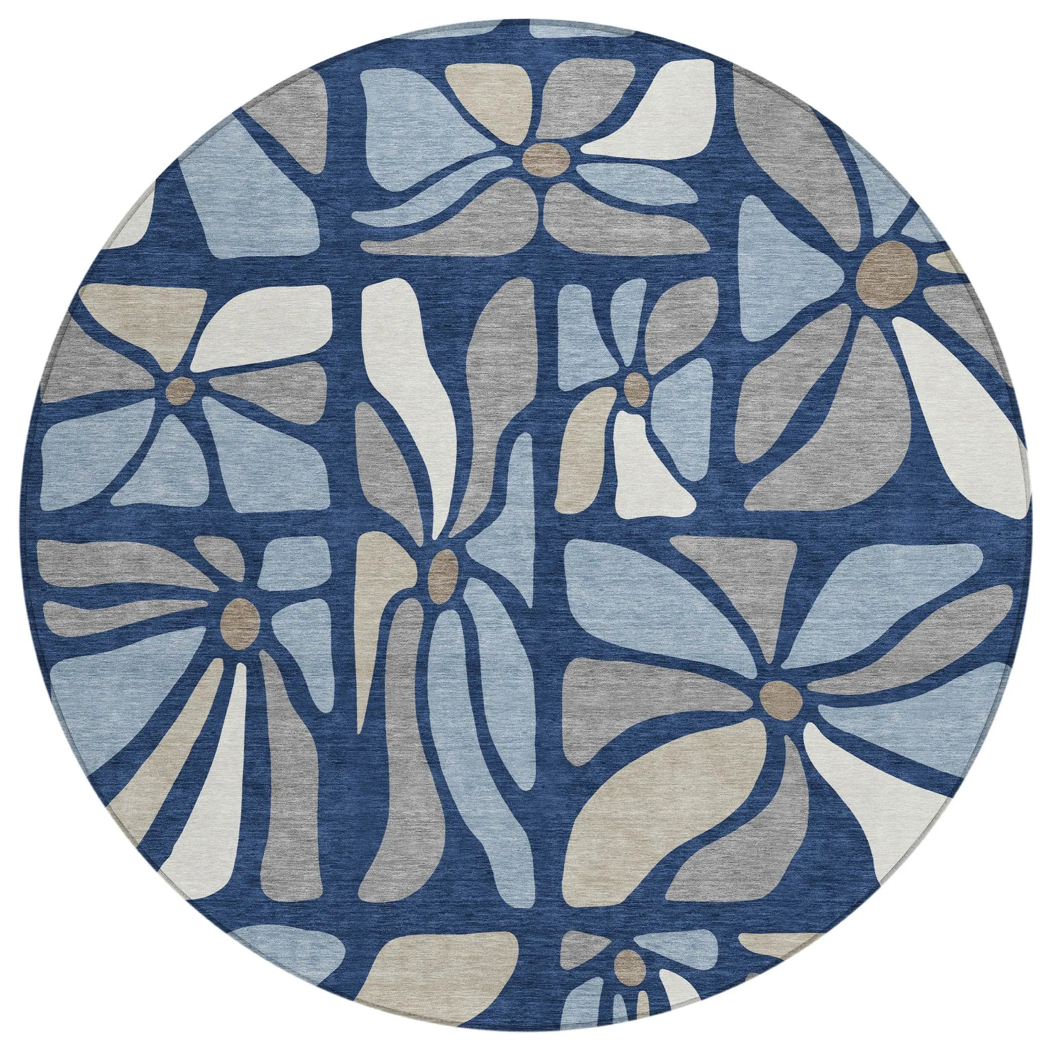 8' Navy Blue And Blue Round Floral Washable Indoor Outdoor Area Rug Homeroots Outdoor