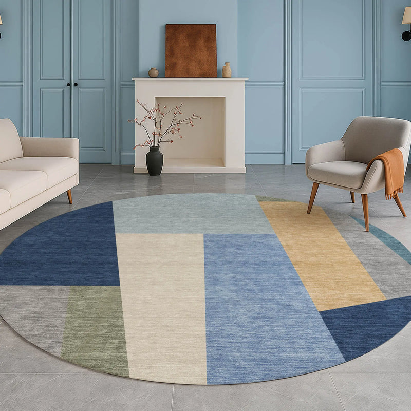 8' Navy Blue And Blue Round Geometric Washable Indoor Outdoor Area Rug Homeroots Outdoor