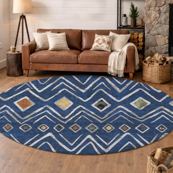 8' Navy Blue And Blue Round Geometric Washable Indoor Outdoor Area Rug Homeroots Outdoor