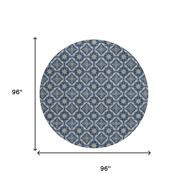 8' Navy Blue And Blue Round Geometric Washable Indoor Outdoor Area Rug Homeroots Outdoor