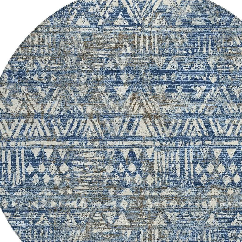 8' Navy Blue And Blue Round Geometric Washable Indoor Outdoor Area Rug Homeroots Outdoor