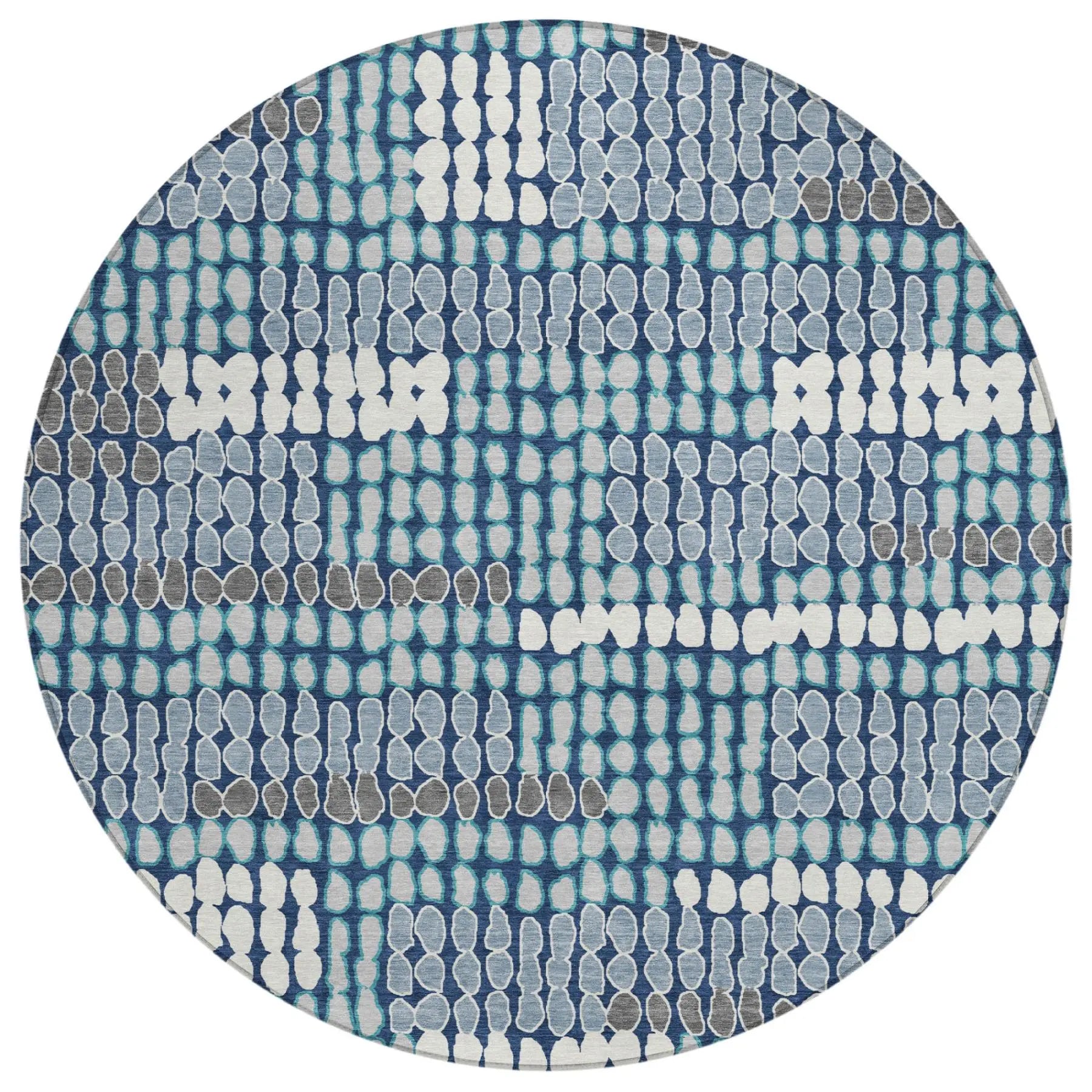 8' Navy Blue And Blue Round Geometric Washable Indoor Outdoor Area Rug Homeroots Outdoor