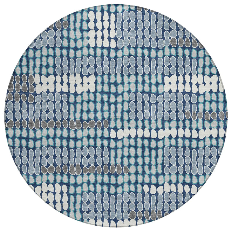 8' Navy Blue And Blue Round Geometric Washable Indoor Outdoor Area Rug Homeroots Outdoor