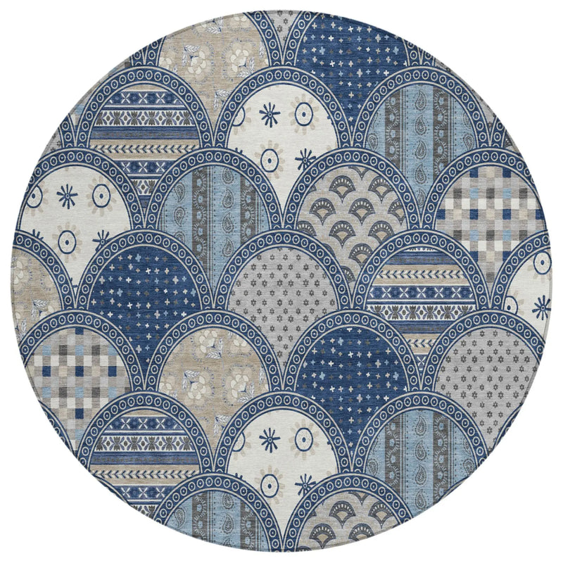 8' Navy Blue And Blue Round Geometric Washable Indoor Outdoor Area Rug Homeroots Outdoor