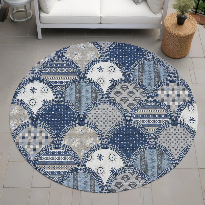 8' Navy Blue And Blue Round Geometric Washable Indoor Outdoor Area Rug Homeroots Outdoor