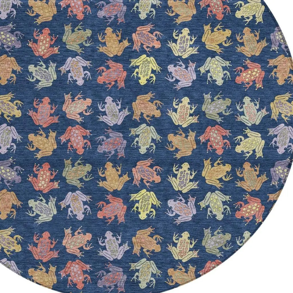 8' Navy Blue And Blue Round Geometric Washable Indoor Outdoor Area Rug Homeroots Outdoor