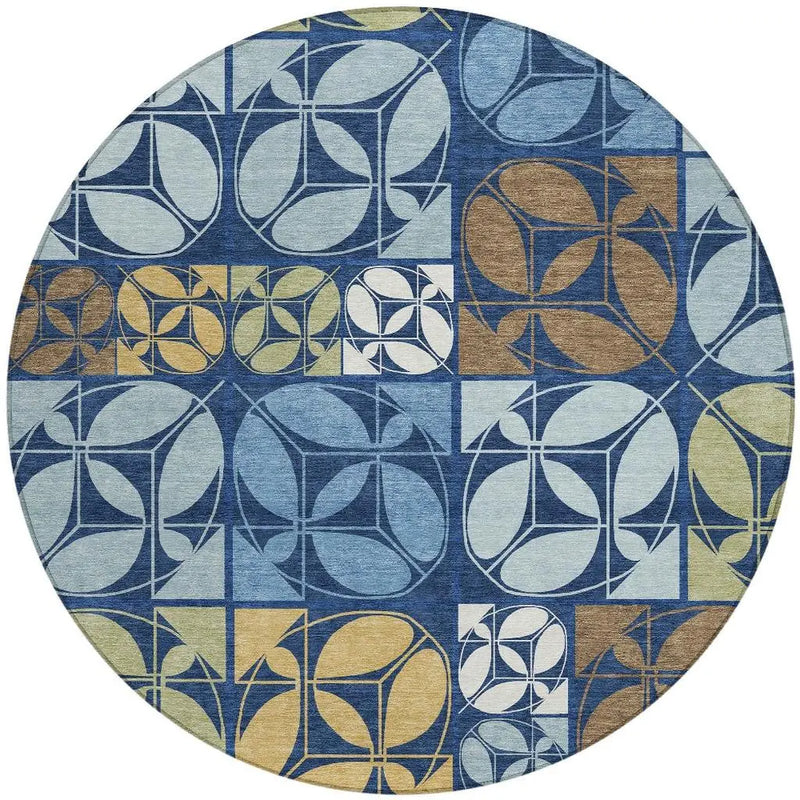 8' Navy Blue And Blue Round Geometric Washable Indoor Outdoor Area Rug Homeroots Outdoor