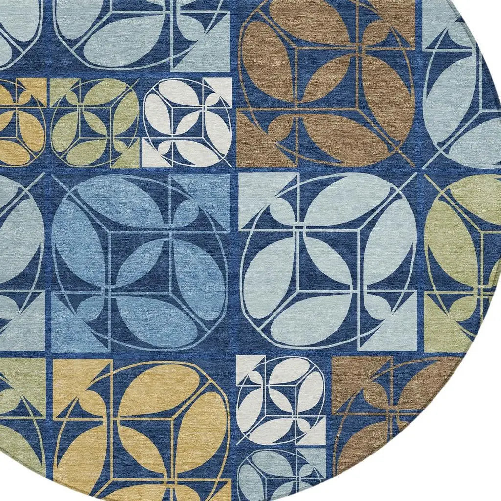 8' Navy Blue And Blue Round Geometric Washable Indoor Outdoor Area Rug Homeroots Outdoor