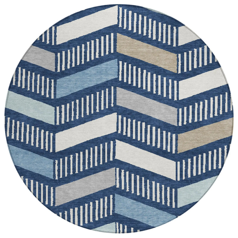 8' Navy Blue And Blue Round Geometric Washable Indoor Outdoor Area Rug Homeroots Outdoor