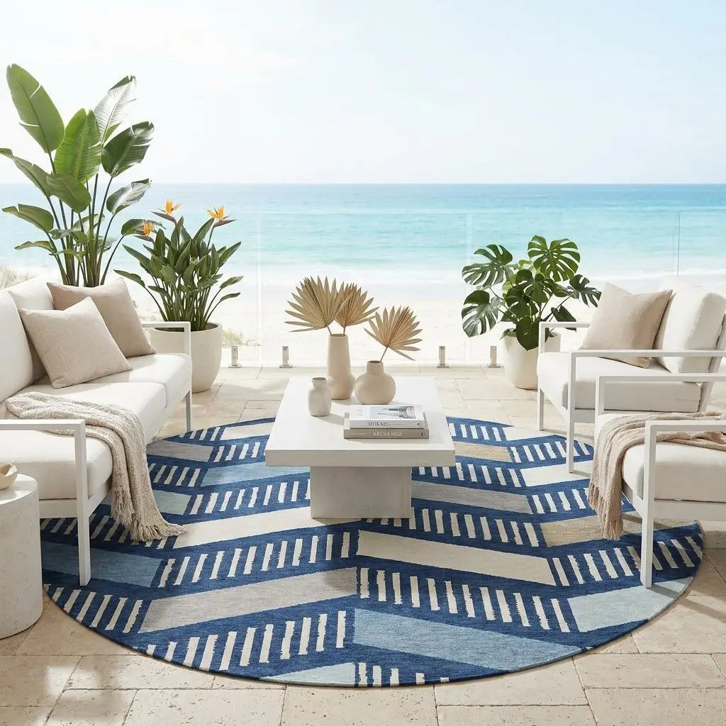 8' Navy Blue And Blue Round Geometric Washable Indoor Outdoor Area Rug Homeroots Outdoor
