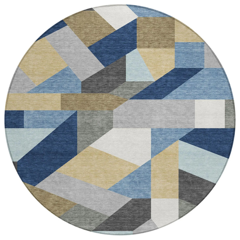 8' Navy Blue And Blue Round Geometric Washable Indoor Outdoor Area Rug Homeroots Outdoor