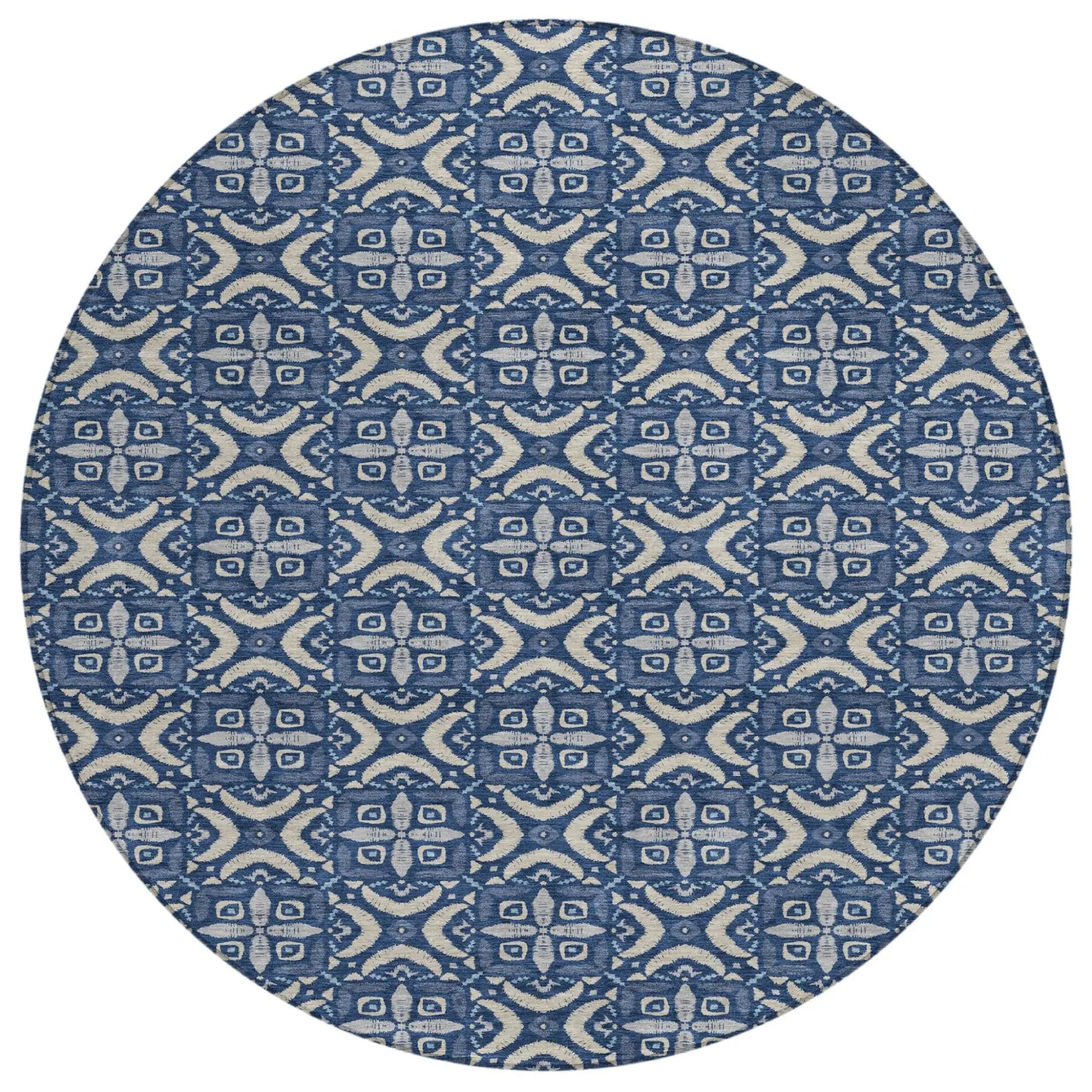 8' Navy Blue And Blue Round Geometric Washable Indoor Outdoor Area Rug Homeroots Outdoor