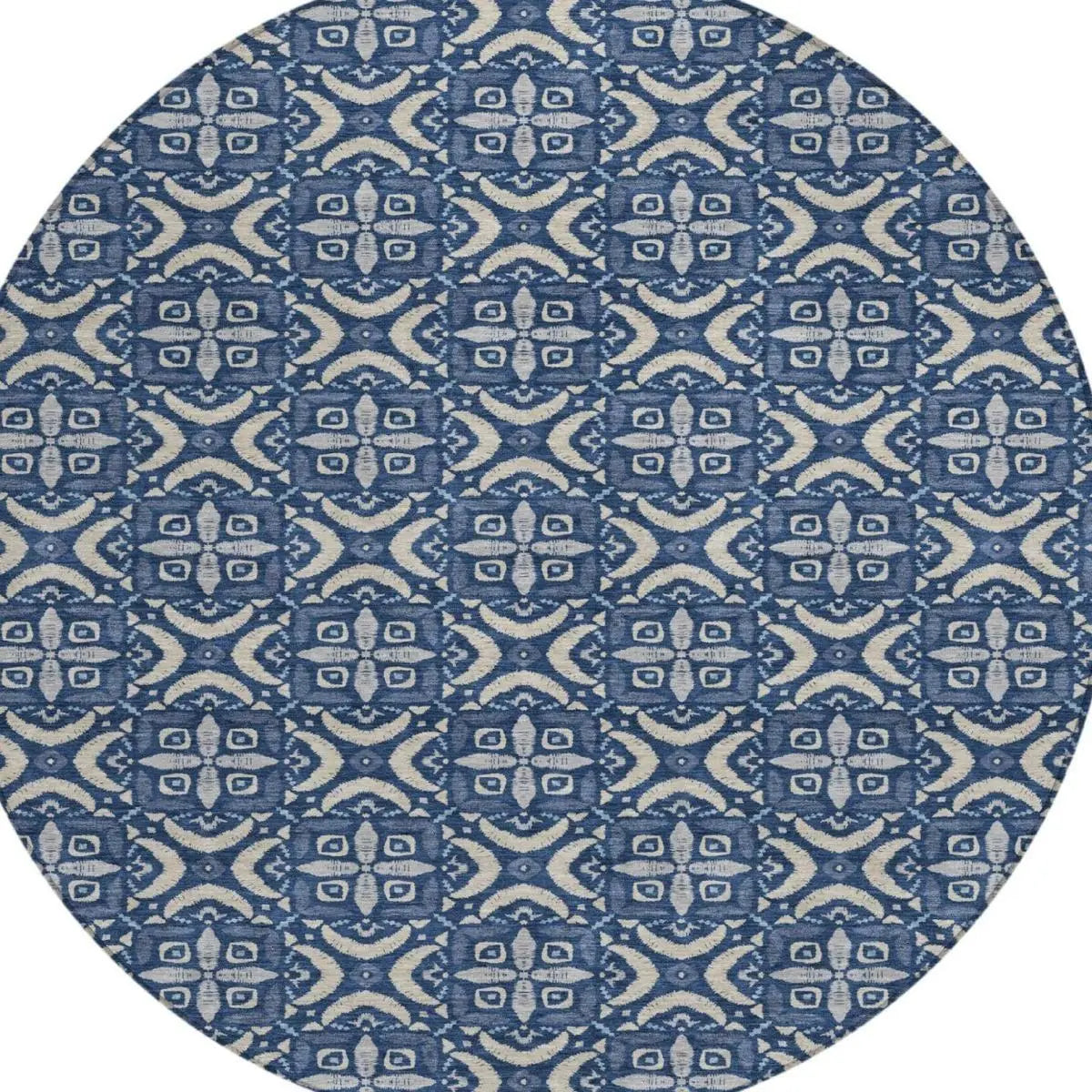 8' Navy Blue And Blue Round Geometric Washable Indoor Outdoor Area Rug Homeroots Outdoor