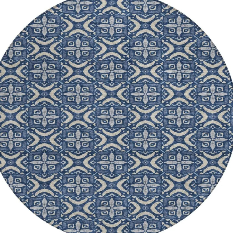 8' Navy Blue And Blue Round Geometric Washable Indoor Outdoor Area Rug Homeroots Outdoor