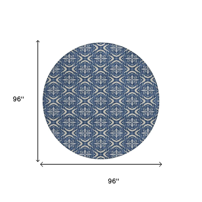 8' Navy Blue And Blue Round Geometric Washable Indoor Outdoor Area Rug Homeroots Outdoor