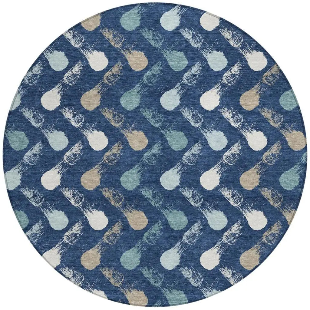 8' Navy Blue And Blue Round Geometric Washable Indoor Outdoor Area Rug Homeroots Outdoor