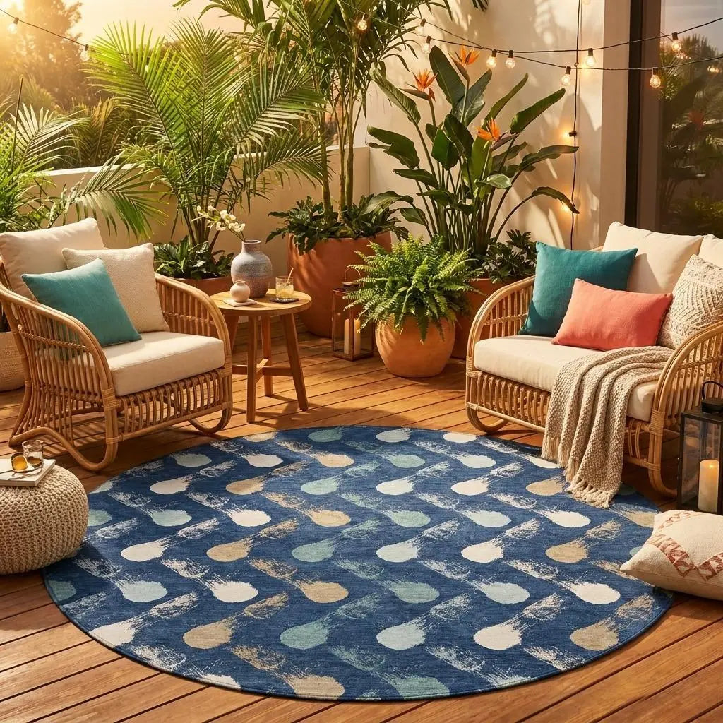 8' Navy Blue And Blue Round Geometric Washable Indoor Outdoor Area Rug Homeroots Outdoor