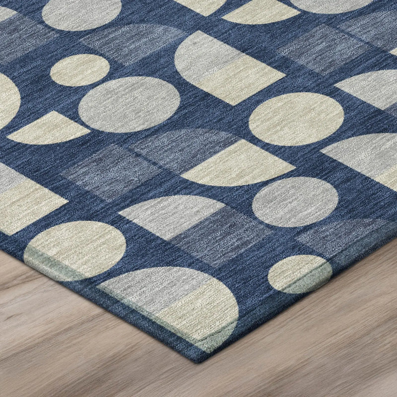 8' Navy Blue And Blue Round Geometric Washable Indoor Outdoor Area Rug Homeroots Outdoor