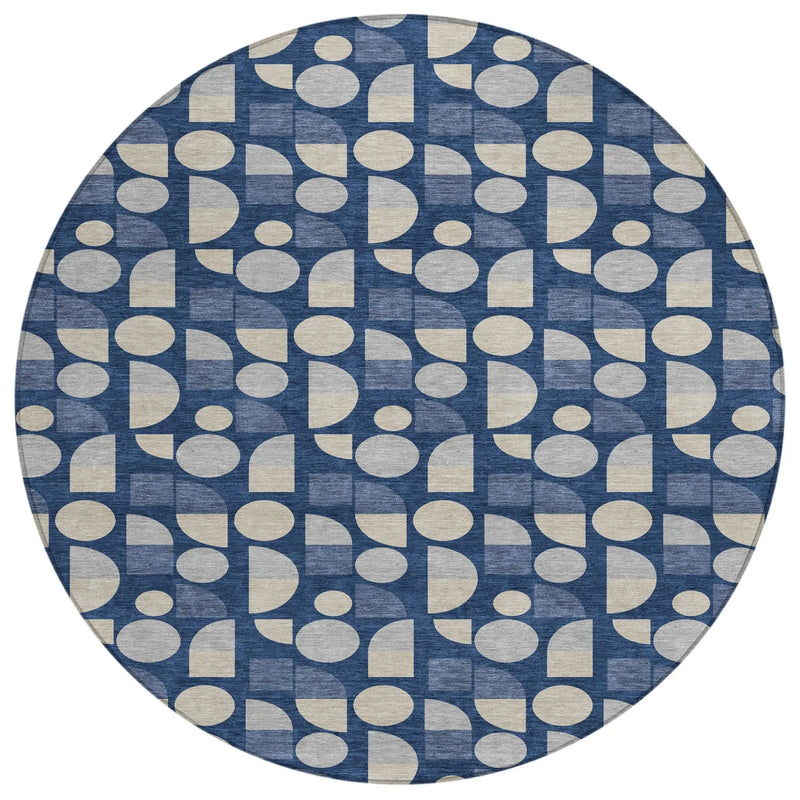 8' Navy Blue And Blue Round Geometric Washable Indoor Outdoor Area Rug Homeroots Outdoor
