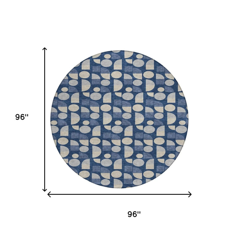 8' Navy Blue And Blue Round Geometric Washable Indoor Outdoor Area Rug Homeroots Outdoor