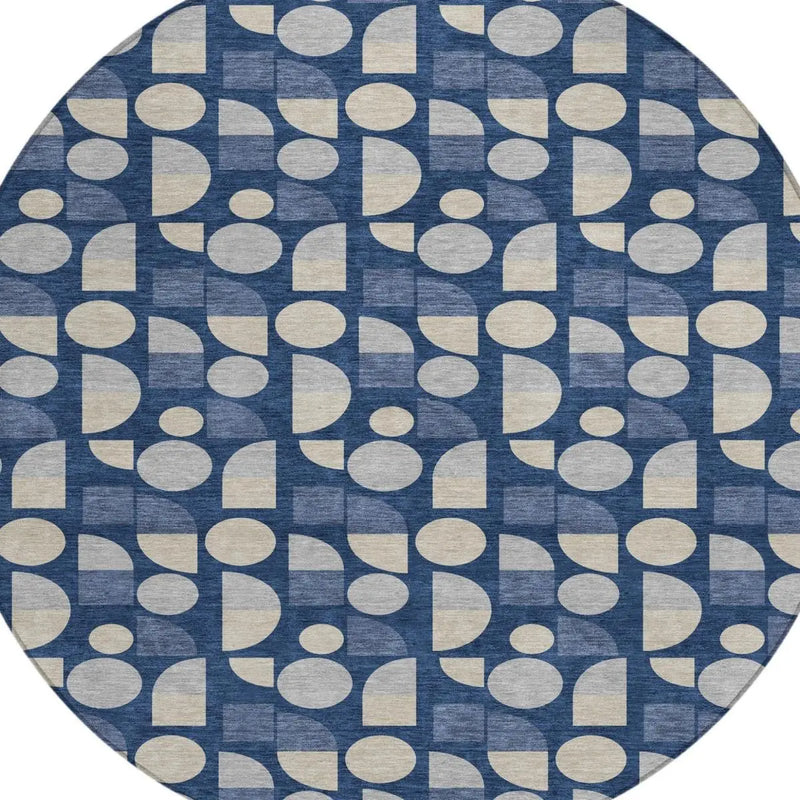 8' Navy Blue And Blue Round Geometric Washable Indoor Outdoor Area Rug Homeroots Outdoor