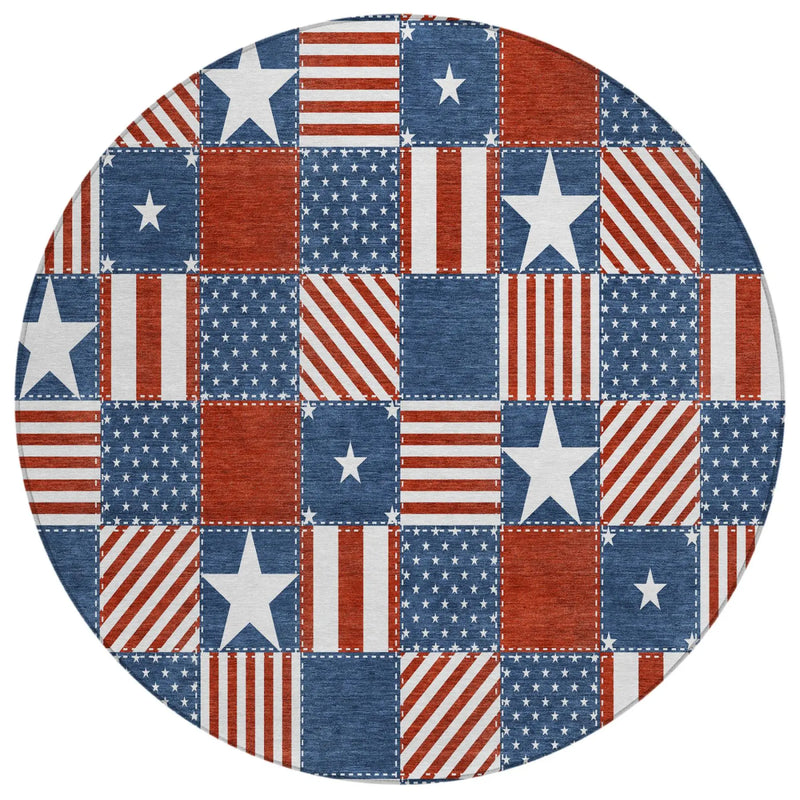 8' Navy Blue And Blue Round Geometric Washable Indoor Outdoor Area Rug Homeroots Outdoor
