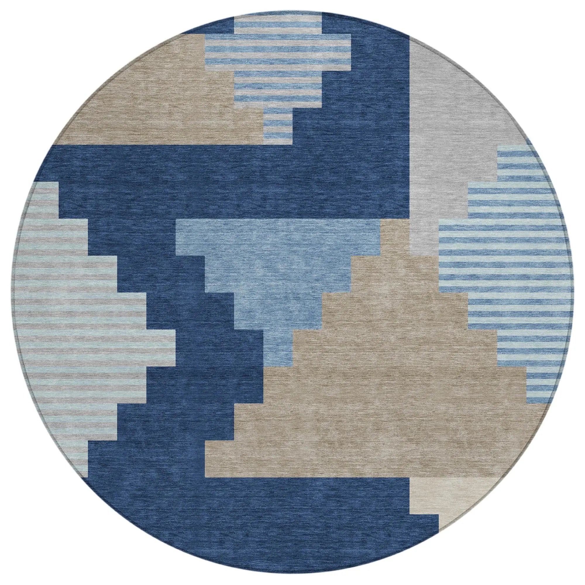 8' Navy Blue And Blue Round Geometric Washable Indoor Outdoor Area Rug Homeroots Outdoor