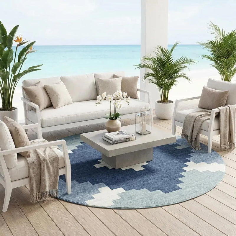8' Navy Blue And Blue Round Geometric Washable Indoor Outdoor Area Rug Homeroots Outdoor