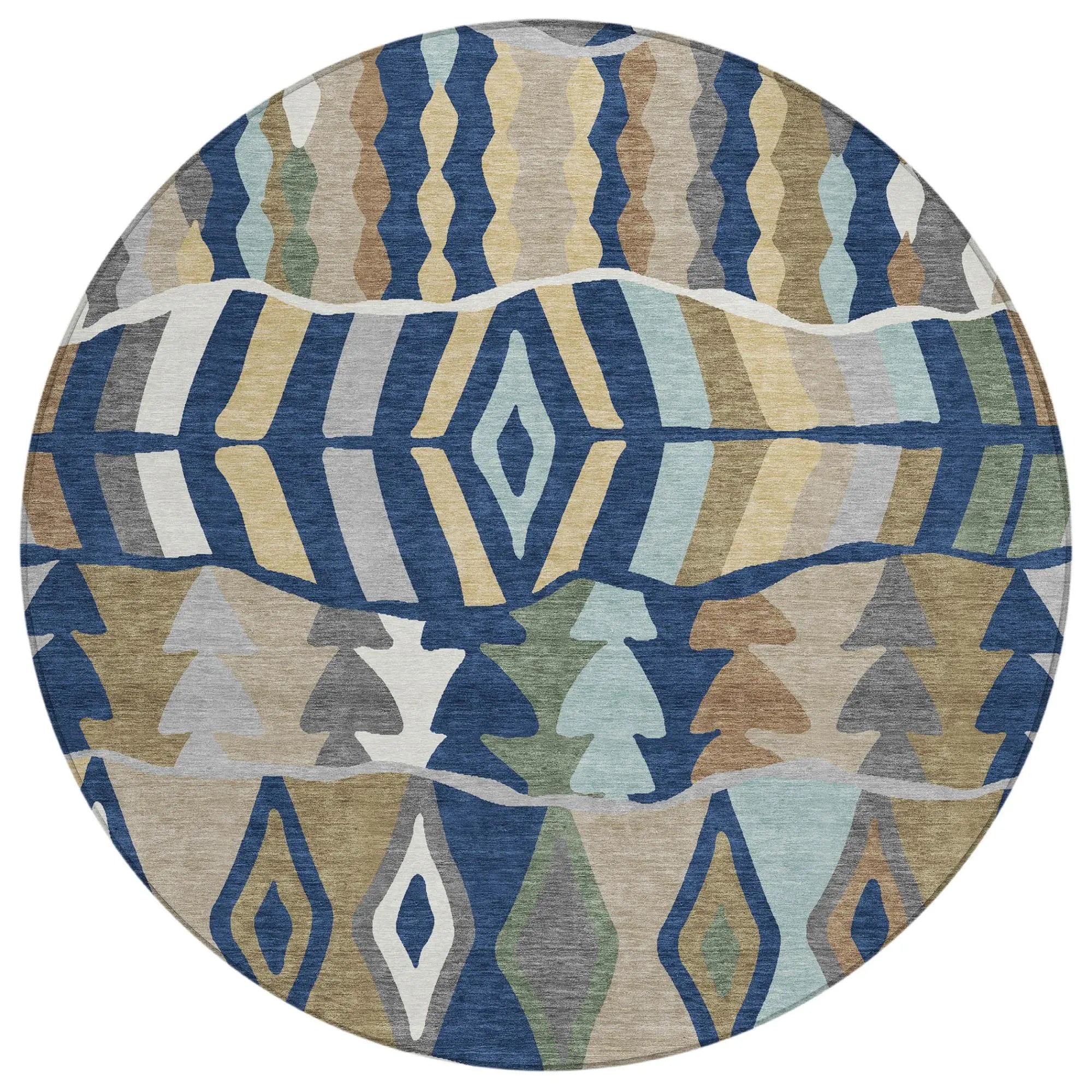 8' Navy Blue And Blue Round Geometric Washable Indoor Outdoor Area Rug Homeroots Outdoor